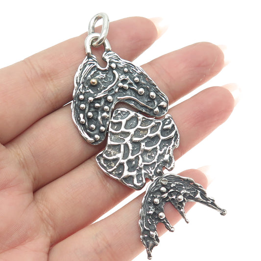 14K Gold & 925 Sterling Silver Vintage Modernist Fish Oxidized Pendant