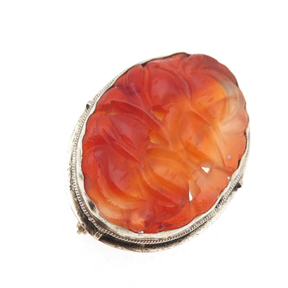 925 Sterling Silver Antique Art Deco Real Red Jade Carved Floral Oxidized Brooch