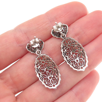 925 Sterling Silver Vintage Floral Ornate Oxidized Dangle Earrings