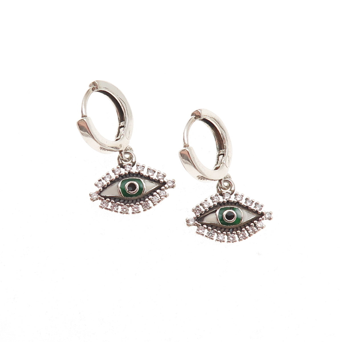 925 Sterling Silver Enamel & C Z Evil Eye Dangle Charm Hoop Earrings