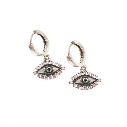 925 Sterling Silver Enamel & C Z Evil Eye Dangle Charm Hoop Earrings