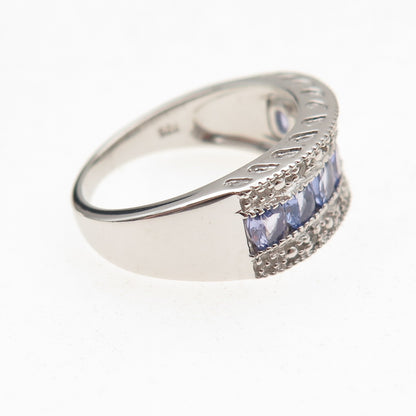 925 Sterling Silver Real Oval-Cut Tanzanite & Round-Cut White Topaz Ring Size 8