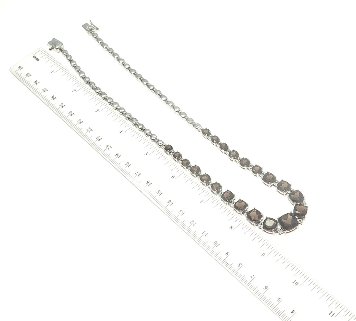 925 Sterling Silver Real Cushion-Cut Smoky Quartz Graduated Chain Necklace 18"