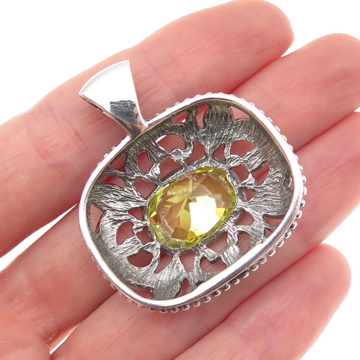 ESPO Joseph Esposito 925 Sterling Silver Vintage Lime Green C Z Floral Pendant