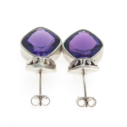 925 Sterling Silver Vintage Real Cushion-Cut Amethyst Ornate Dangling Earrings