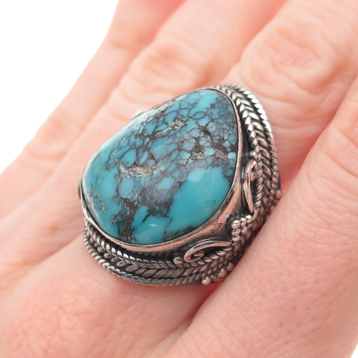 925 Sterling Silver Vintage Real Peacock Turquoise Oxidized Ring Size 8.75