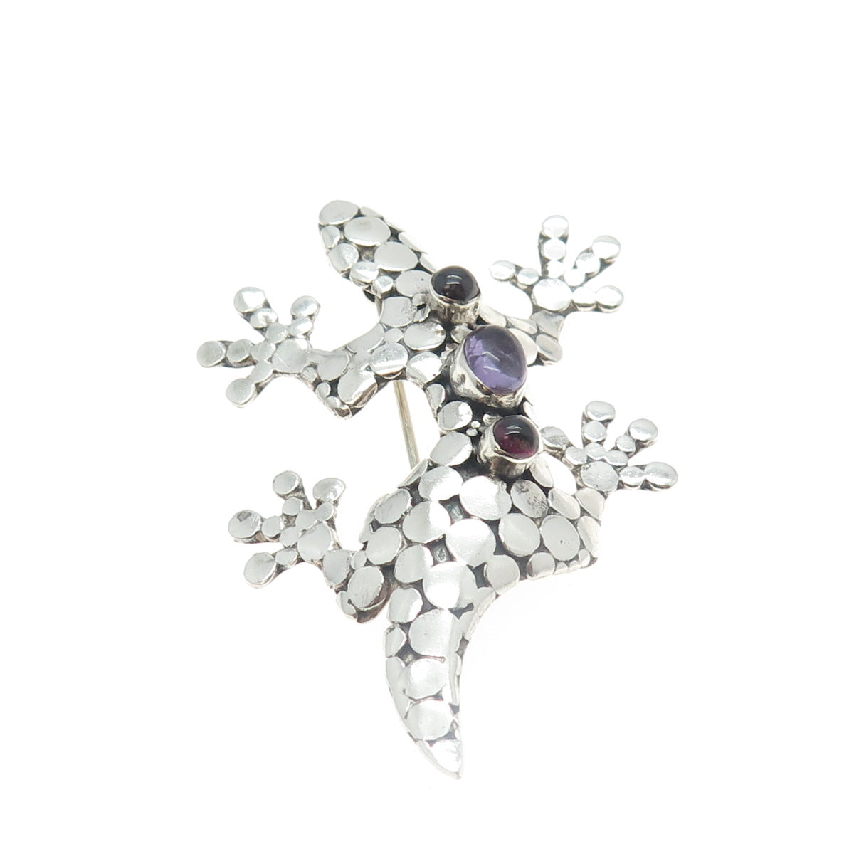 925 Sterling Silver Vintage Amethyst & Tourmaline Gem Lizard Dots Pin Brooch