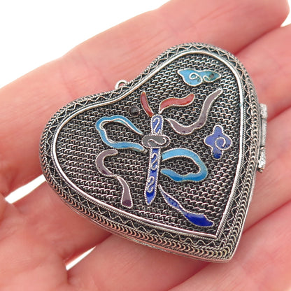 925 Sterling Silver Antique Art Deco Enamel Mesh Heart Locket Oxidized Pendant