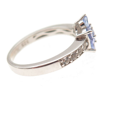 925 Sterling Silver Real Tanzanite & White Topaz Floral Ring Size 7.25