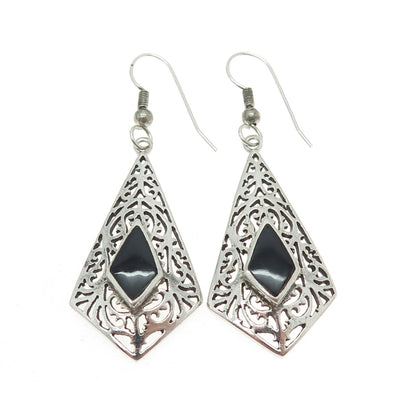 925 Sterling Silver Vintage Real Black Onyx Ornate Dangle Earrings