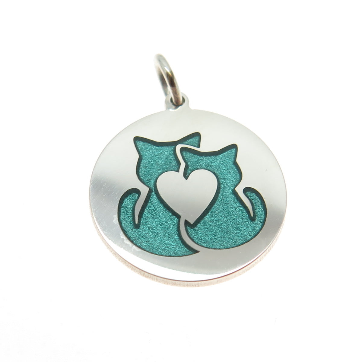 925 Sterling Silver Turquoise Enamel Cat Love Round Tag Minimalist Charm Pendant