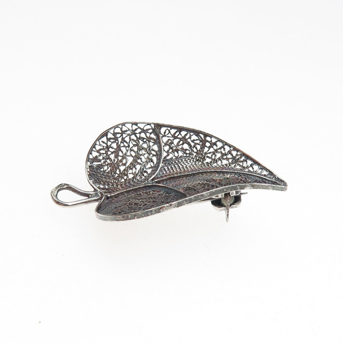 835 Silver Antique Art Deco Portugal Floral Leaf Filigree Oxidized Pin Brooch