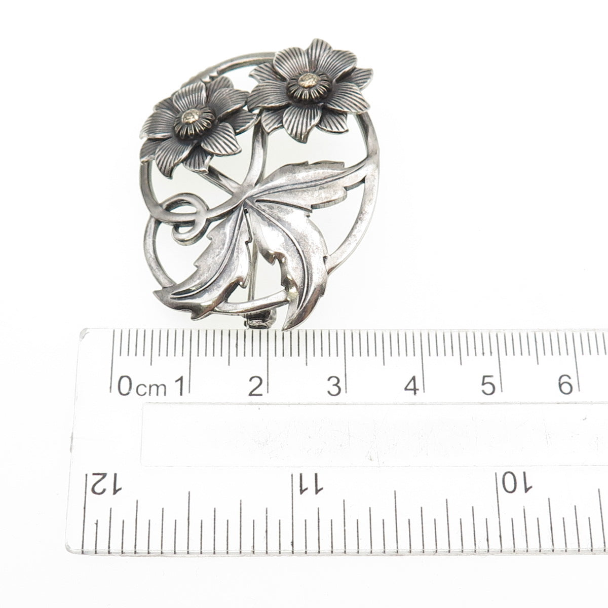 925 Sterling Silver Antique Art Deco Flower Oxidized Pin Brooch