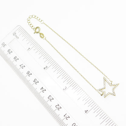 925 Sterling Silver Gold Plated Pave C Z Open Star Cable Link Bracelet 8.25"