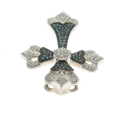 925 Sterling Silver Real Blue & White Diamond Fleur de Lis Cross Slide Pendant