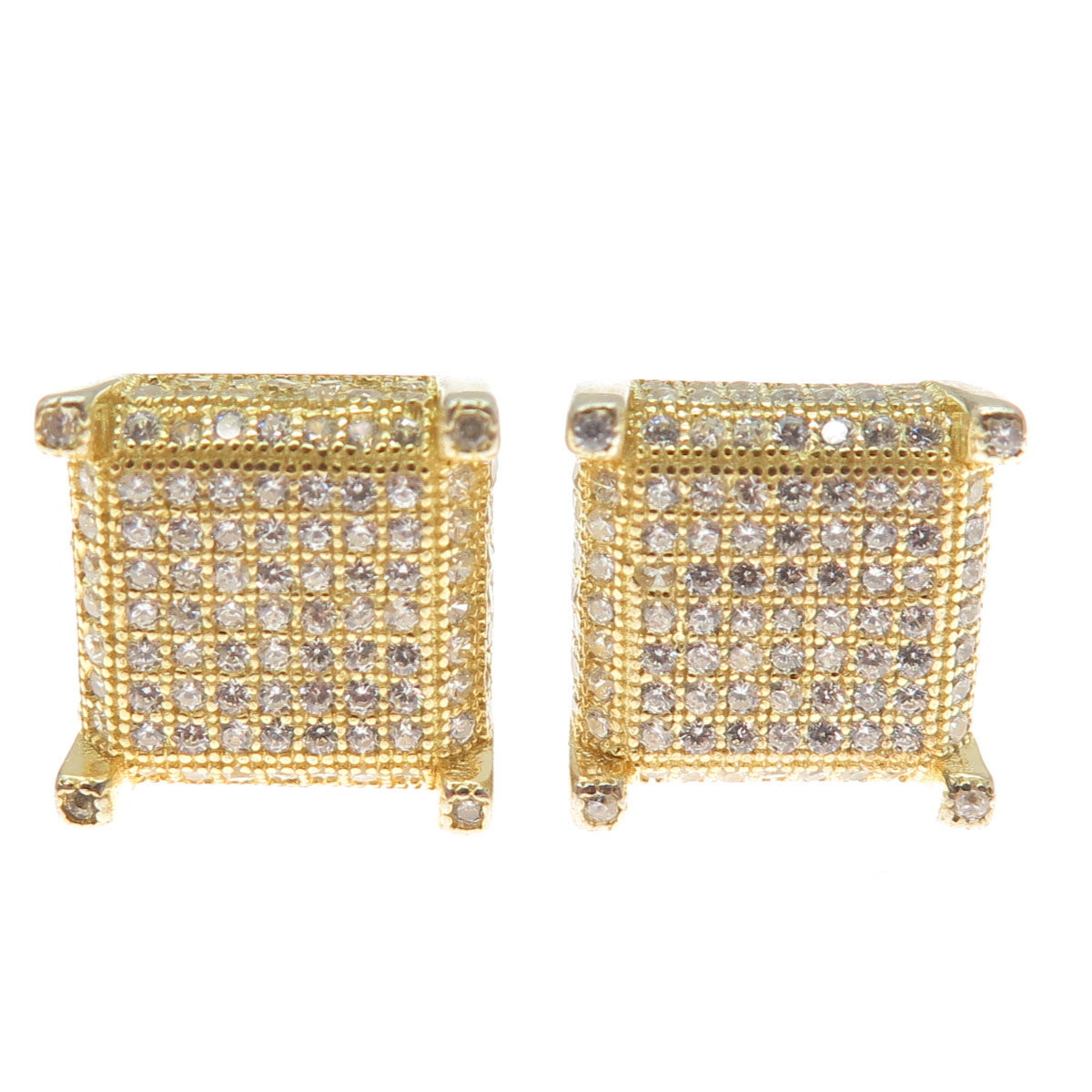 925 Sterling Silver Gold Plated Round-Cut C Z Sparkle Square Stud Earrings