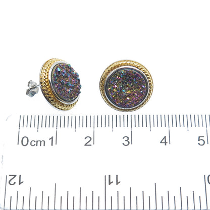 925 Sterling Silver 2-Tone Real Rainbow Druzy Round Earrings