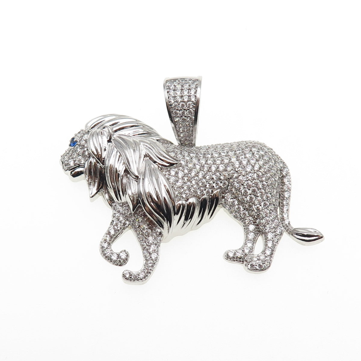 925 Sterling Silver Round-Cut Blue & White C Z Lion Charm Pendant
