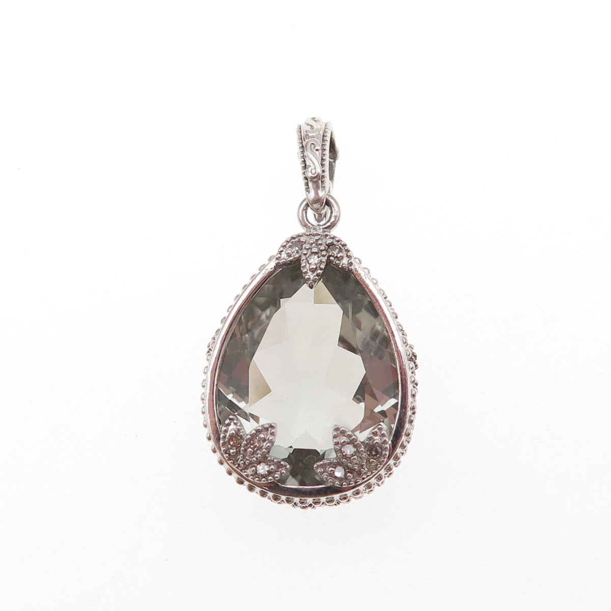 925 Sterling Silver Mexico Real Diamond & Green Amethyst Teardrop Charm Pendant