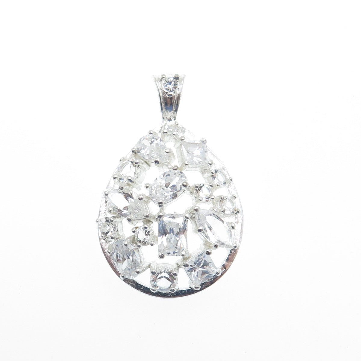 925 Sterling Silver Multi-Cut C Z Teardrop Cluster Pendant