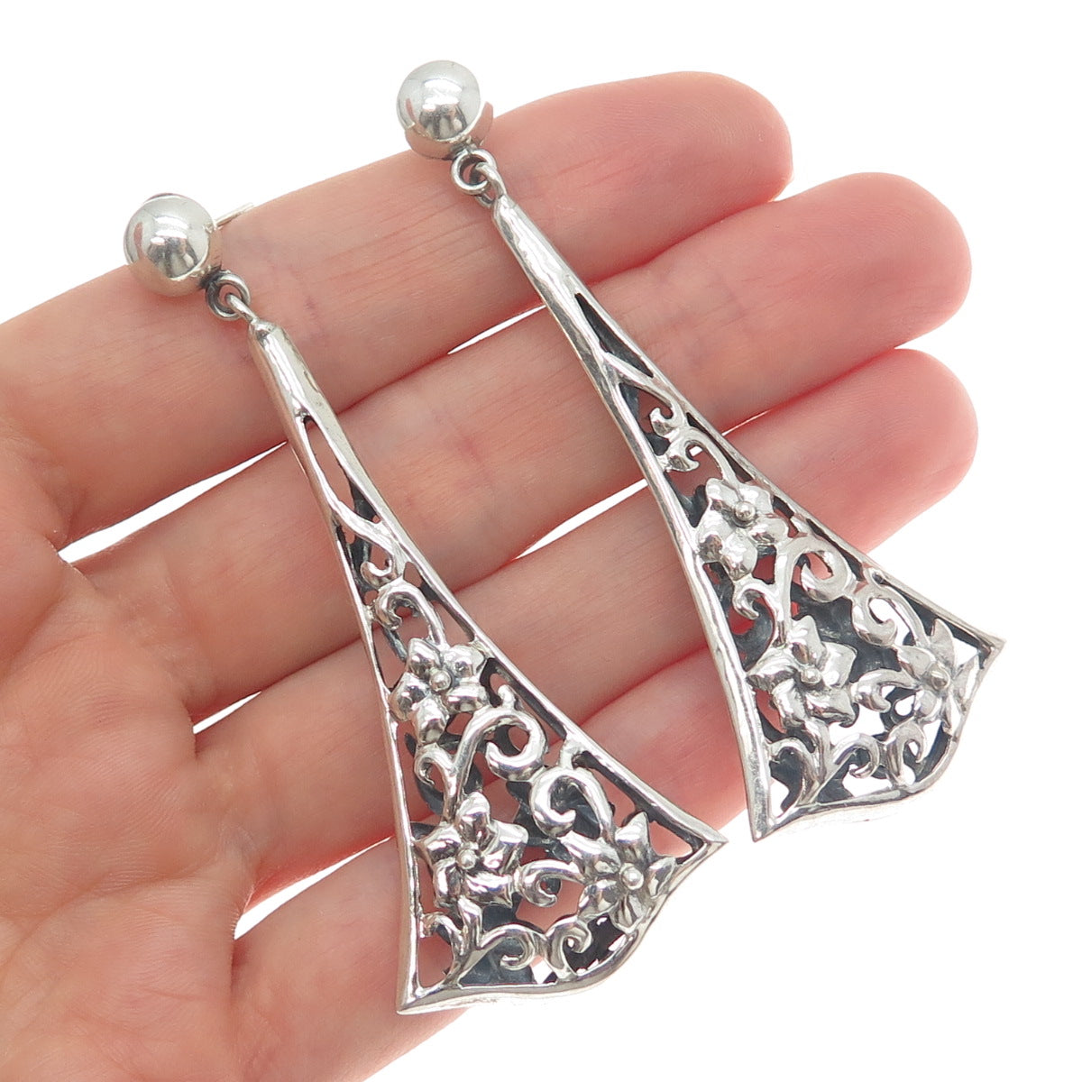 PLATELLA 950 Silver Vintage Floral Dangle Earrings