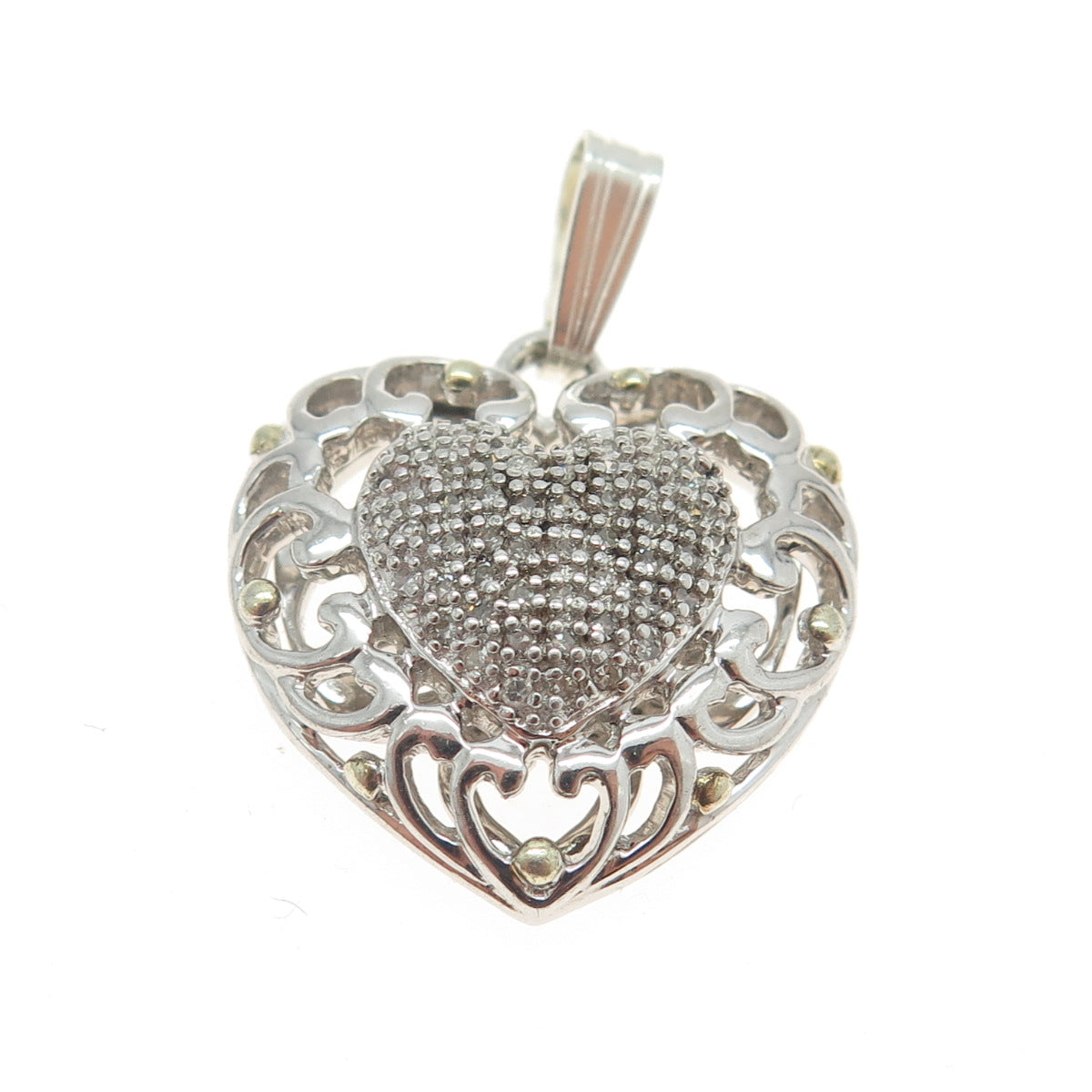 925 Sterling Silver Real Round-Cut Diamond Ornate Heart Pendant