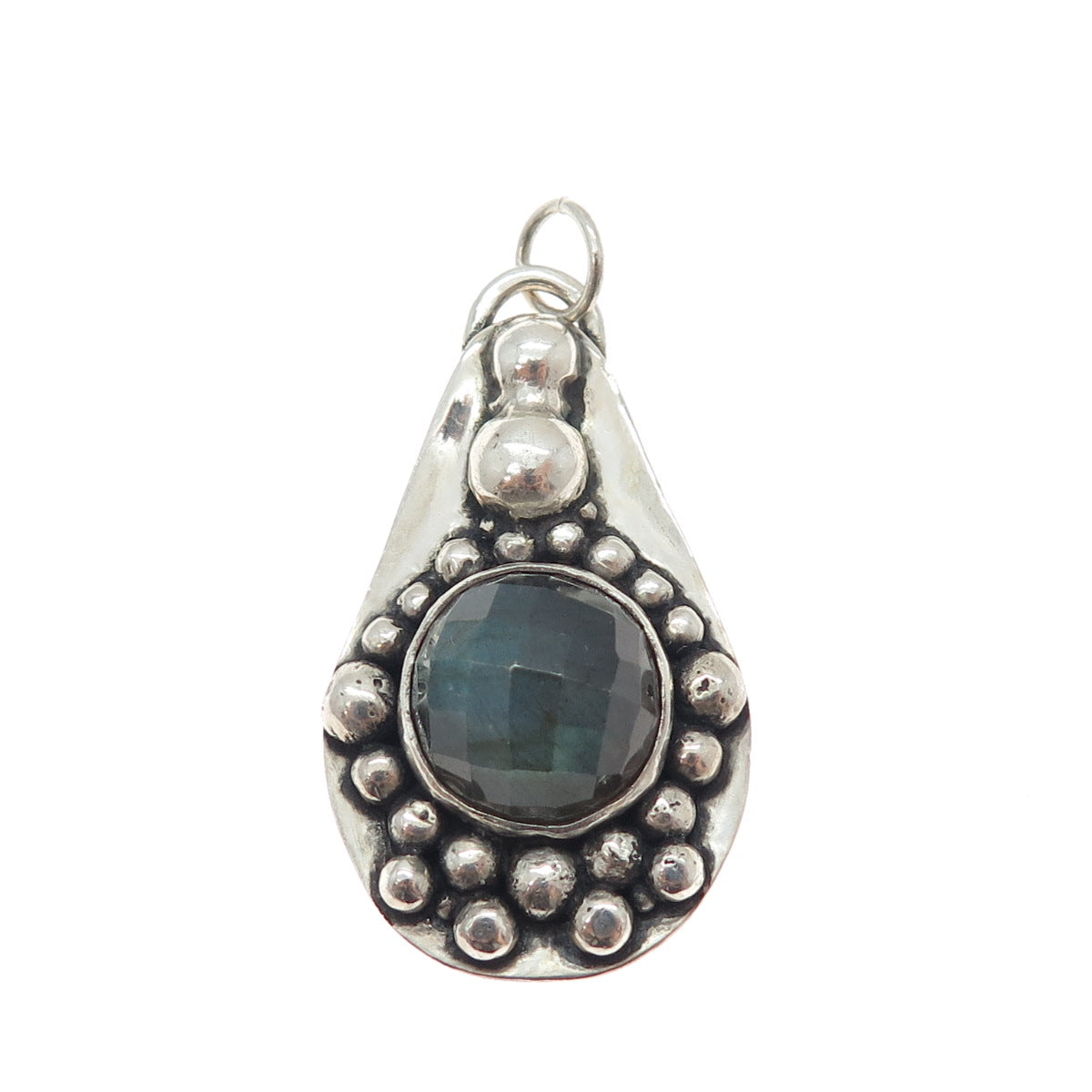 925 Sterling Silver Vintage Real Labradorite Modernist Beaded Oxidized Pendant