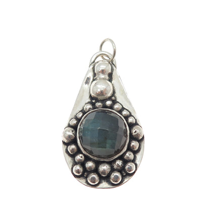 925 Sterling Silver Vintage Real Labradorite Modernist Beaded Oxidized Pendant