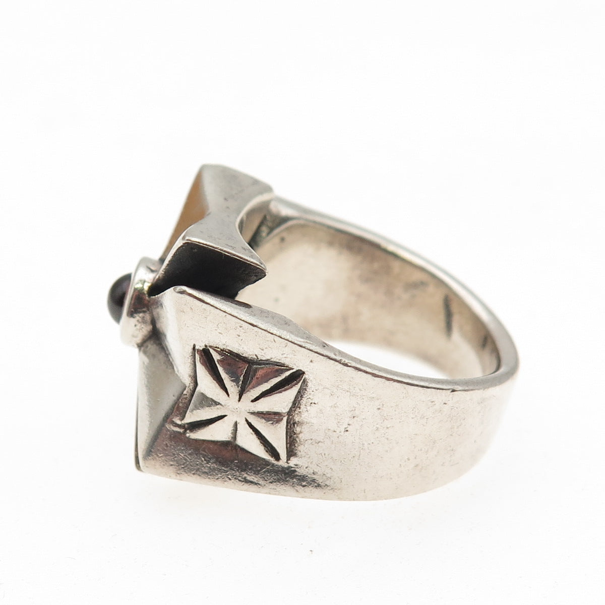 925 Sterling Silver Vintage Real Red Garnet Maltese Cross Oxidized Ring Size 10