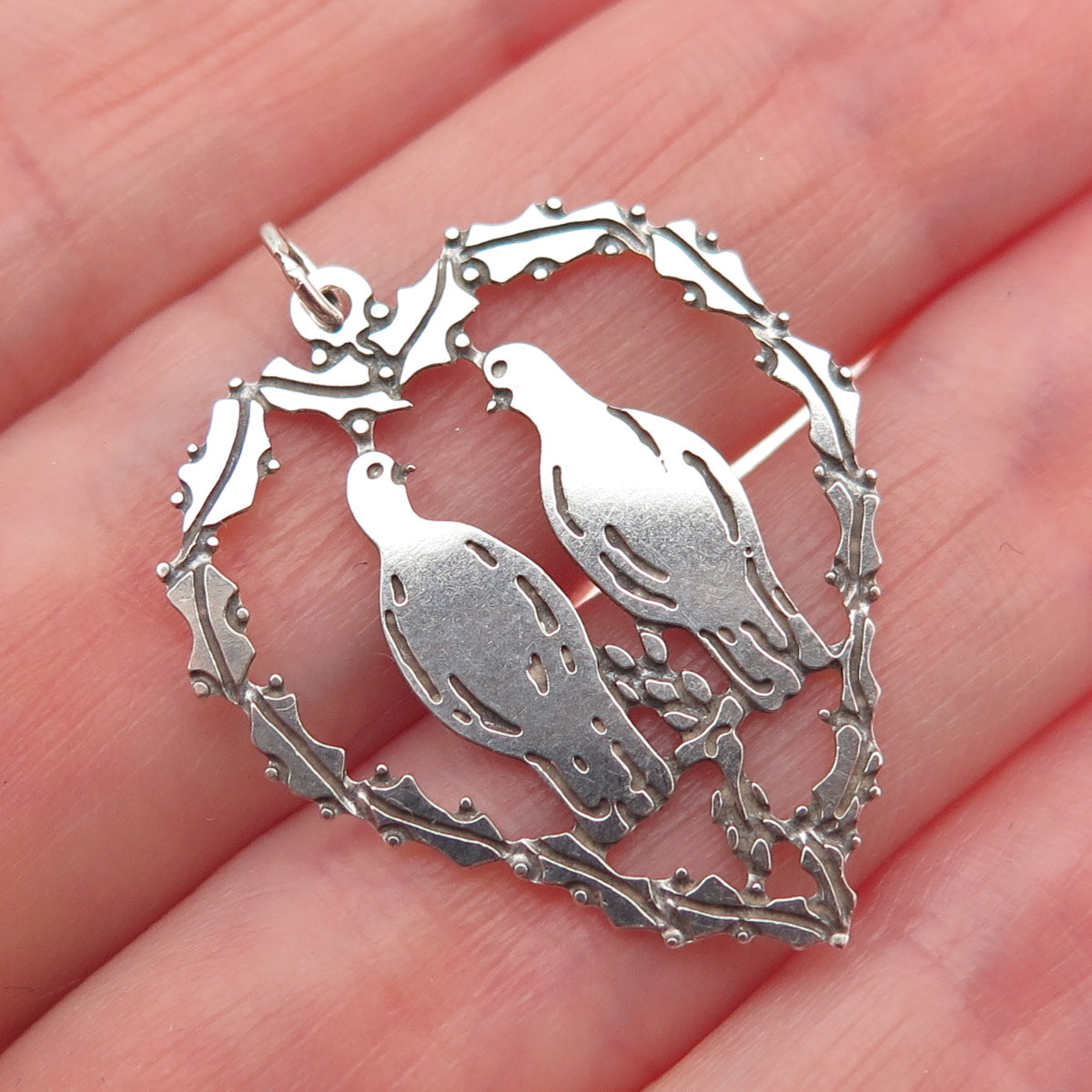 925 Sterling Silver Vintage Couple Dove Birds Heart Charm Pendant