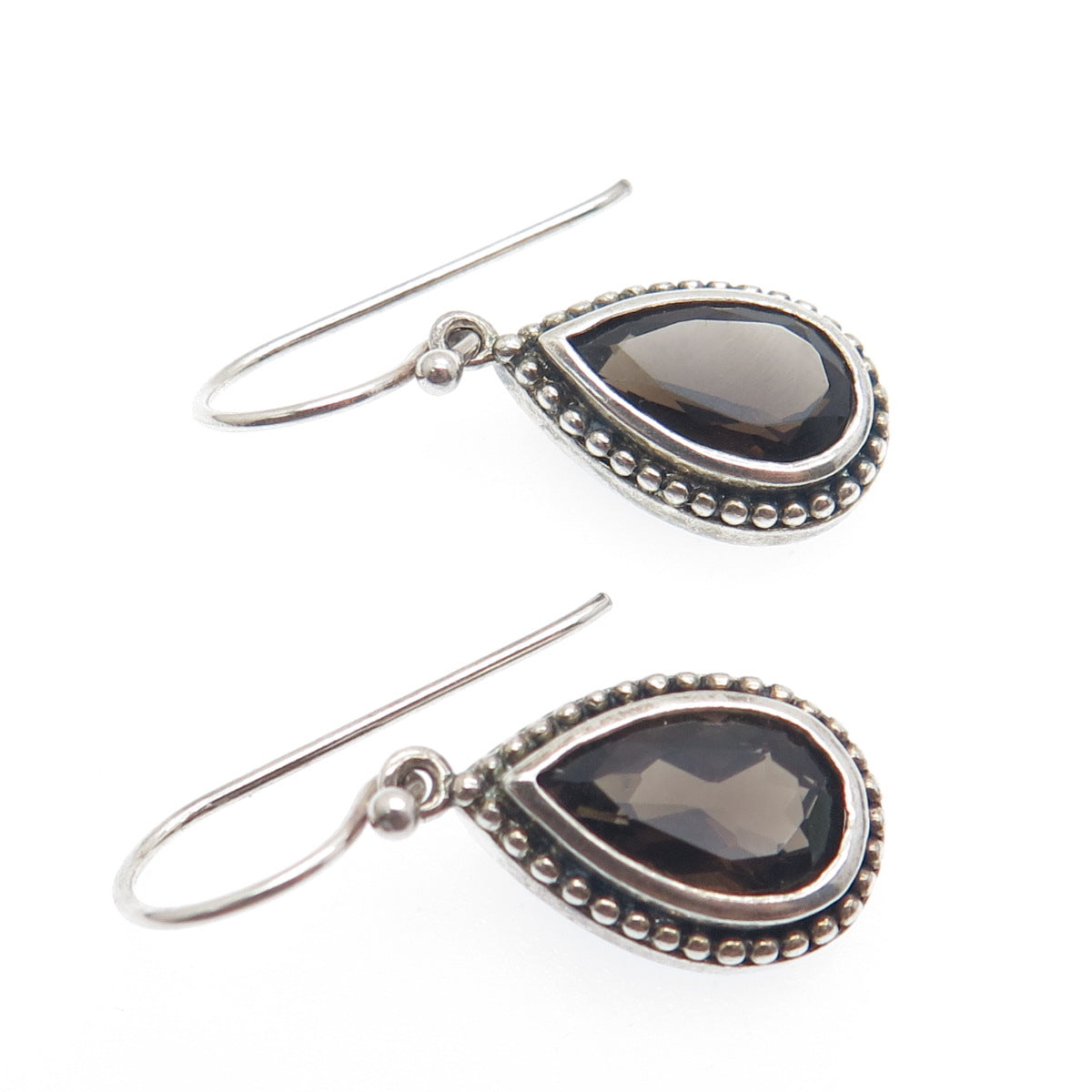 925 Sterling Silver Vintage Real Pear-Cut Smoky Quartz Dangle Earrings