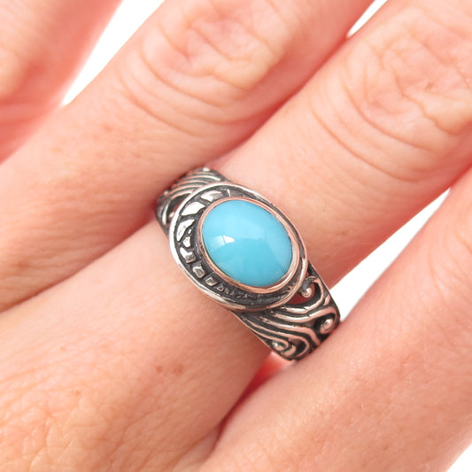925 Sterling Silver Vintage Real Turquoise Floral Scroll Oxidized Ring Size 7.25