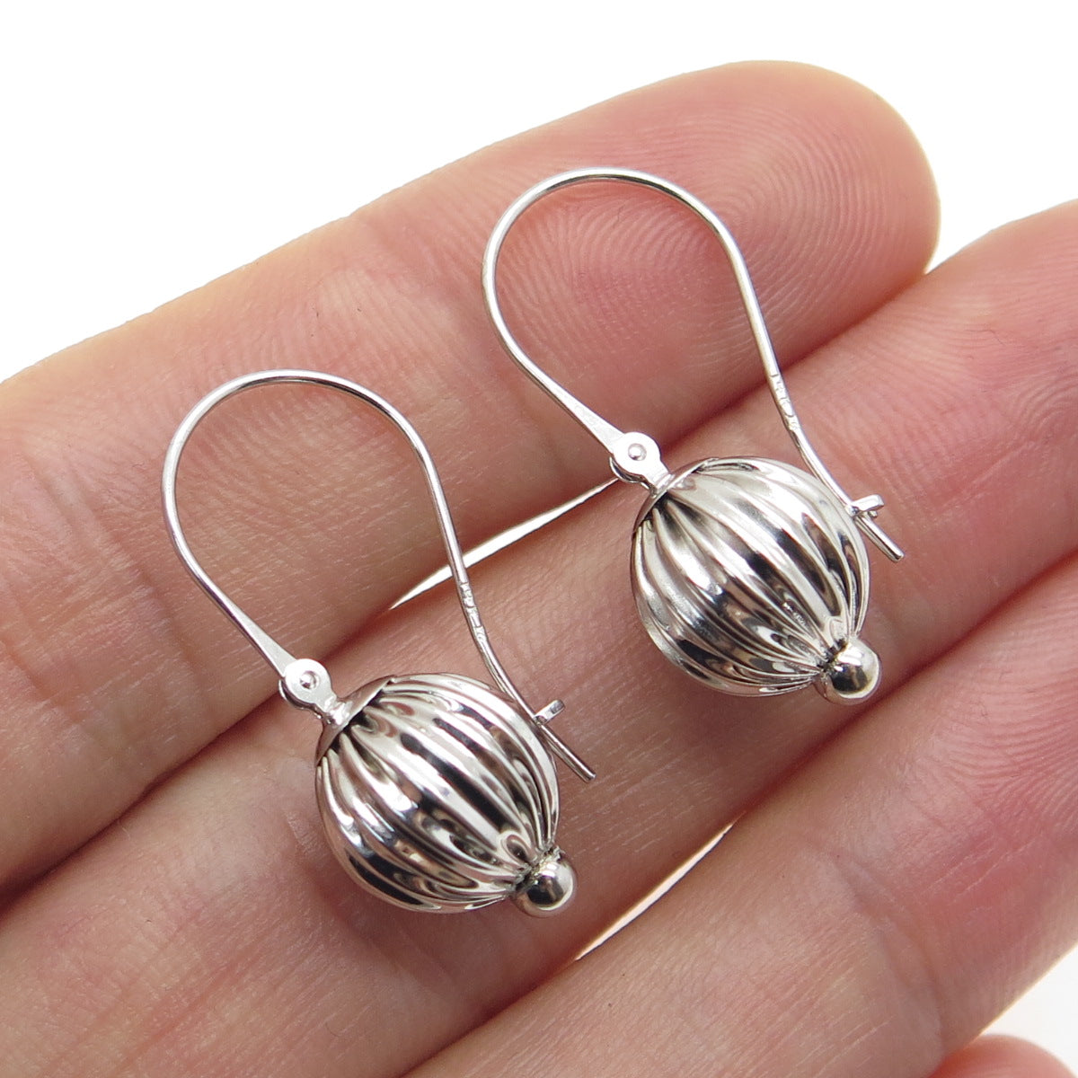 14K White Gold Modernist Ribbed Ball Drop Earrings