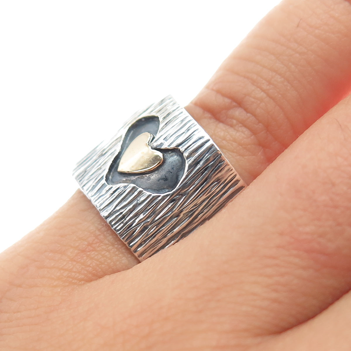 925 Sterling Silver & 14K Gold Vintage Modernist Heart Oxidized Ring Size 6.75