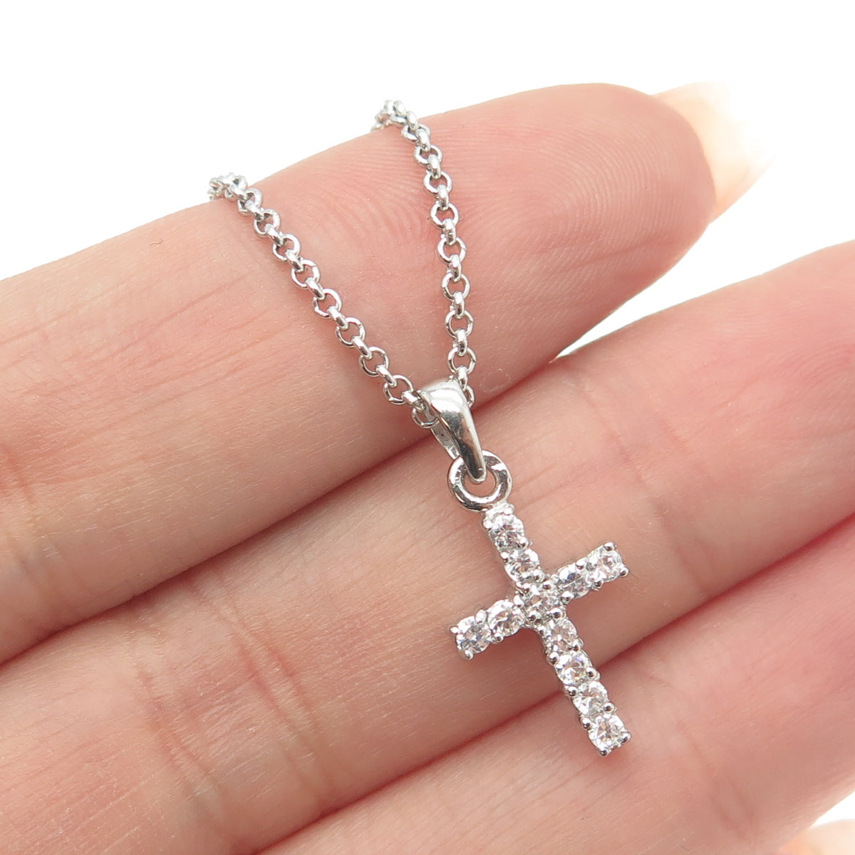 925 Sterling Silver Italy C Z Cross Pendant Rolo Chain Necklace 16"