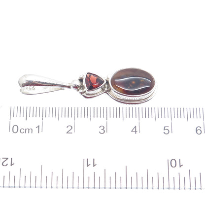 SAJEN 925 Sterling Silver Vintage Real Agate & Red Garnet Gemstone Pendant