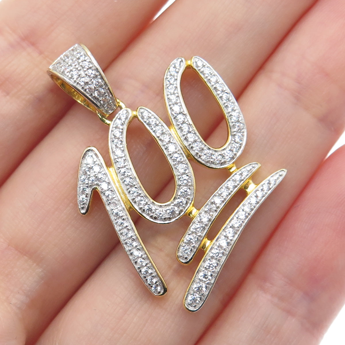 925 Sterling Silver Gold Plated Round-Cut C Z Number 100 Charm Pendant