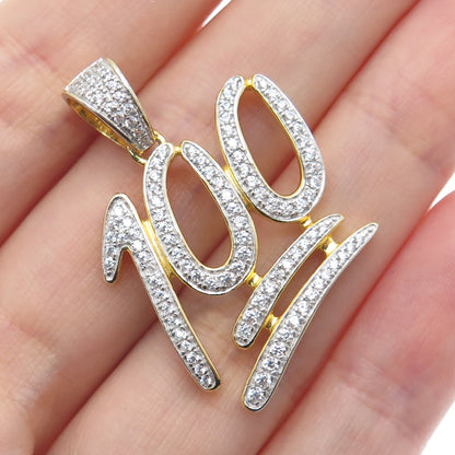 925 Sterling Silver Gold Plated Round-Cut C Z Number 100 Charm Pendant