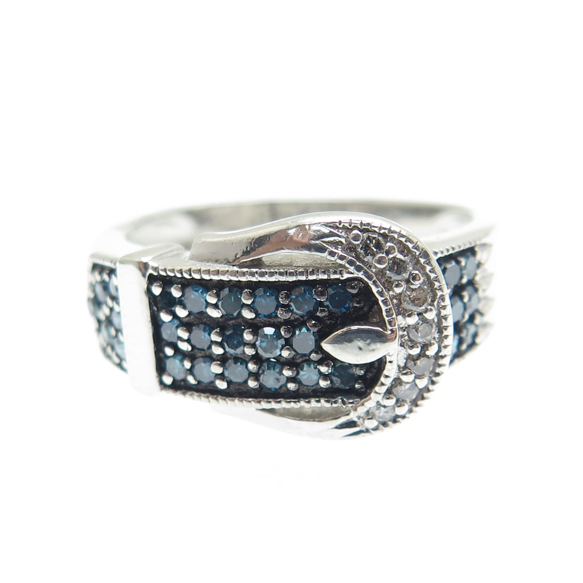 925 Sterling Silver Real Blue & White Diamond Belt Buckle Ring Size 6.25
