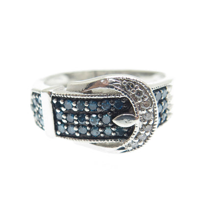 925 Sterling Silver Real Blue & White Diamond Belt Buckle Ring Size 6.25