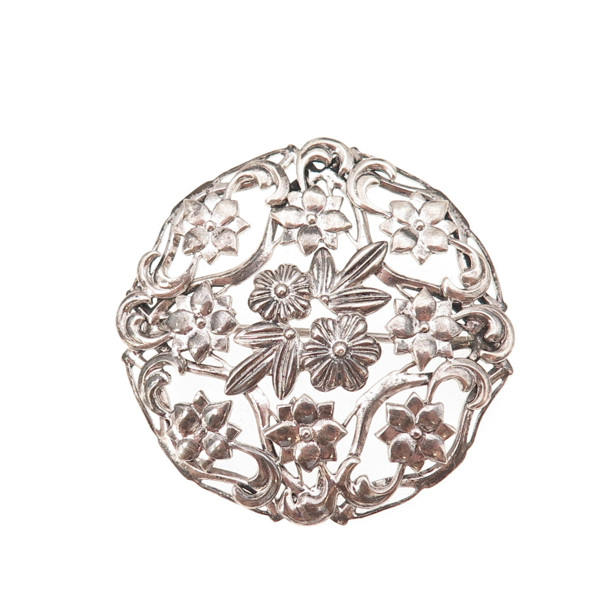 925 Sterling Silver Antique Art Deco Floral Oxidized Pin Brooch