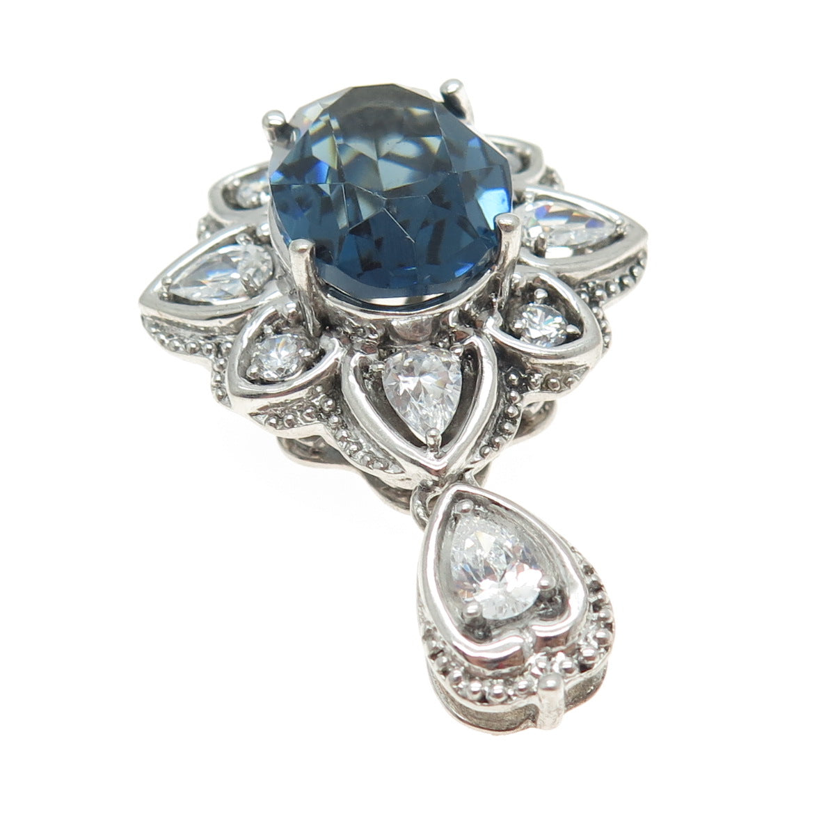 SAI 925 Sterling Silver Oval Round & Pear-Cut Blue White C Z Floral Pendant