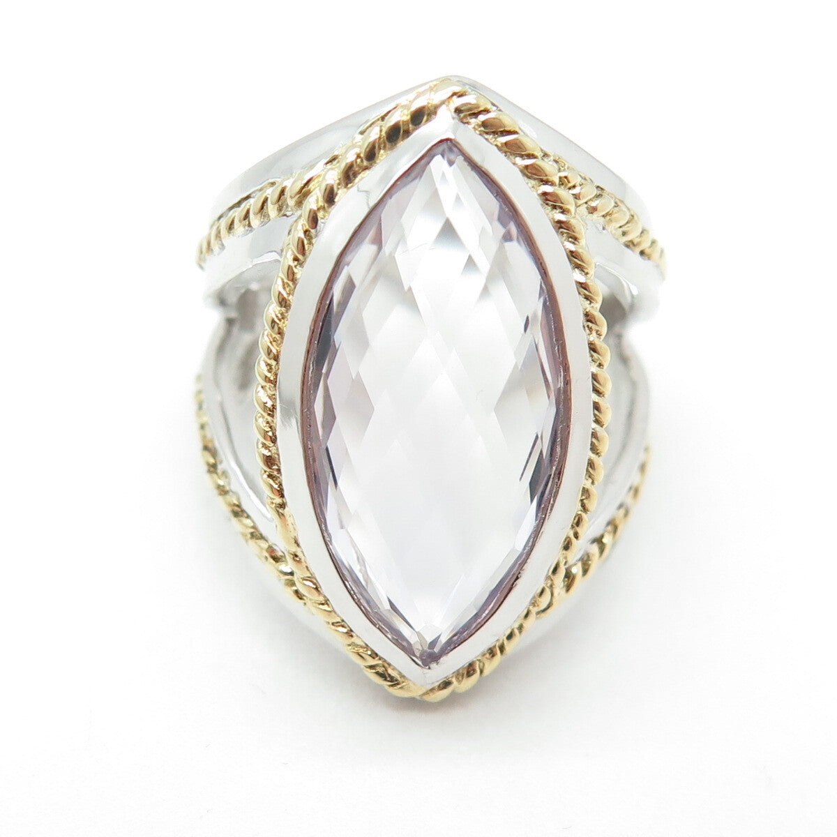 925 Sterling Silver 2-Tone Real Marquise-Cut Amethyst Ring Size 7.25