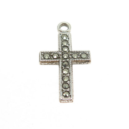 925 Sterling Silver Antique Art Deco Real Marcasite Cross Minimalist Pendant