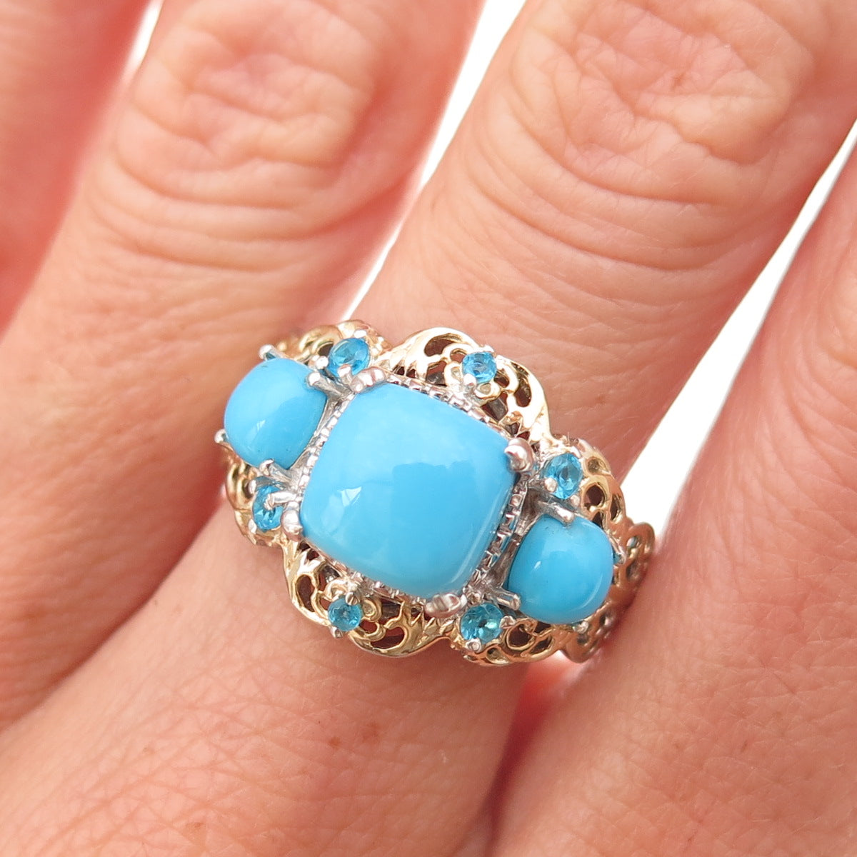 Chuck Clemency 925 Sterling Silver 2-Tone Real Turquoise Apatite Ring Size 8.25