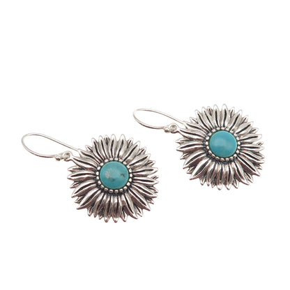 925 Sterling Silver Vintage Real Turquoise Sunflower Dangle Earrings