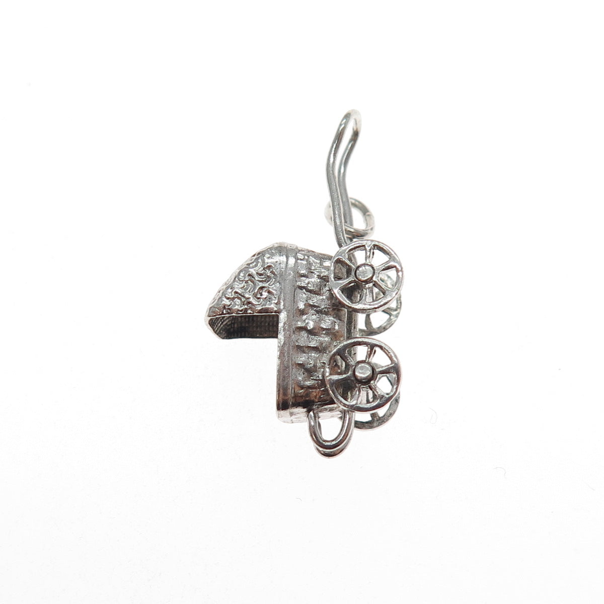 925 Sterling Silver Antique Art Deco Baby Stroller Minimalist 3D Charm Pendant