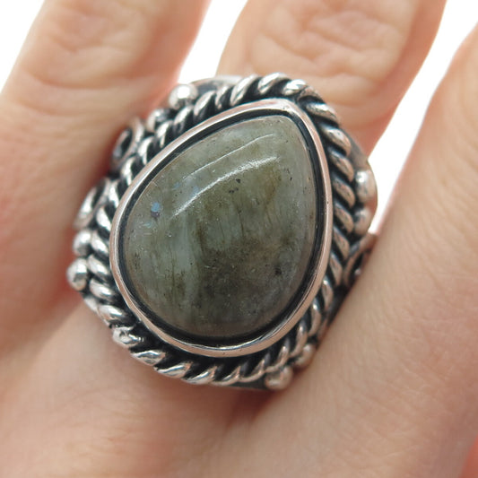 925 Sterling Silver Vintage Real Pear-Cut Labradorite Oxidized Ring Size 8.75