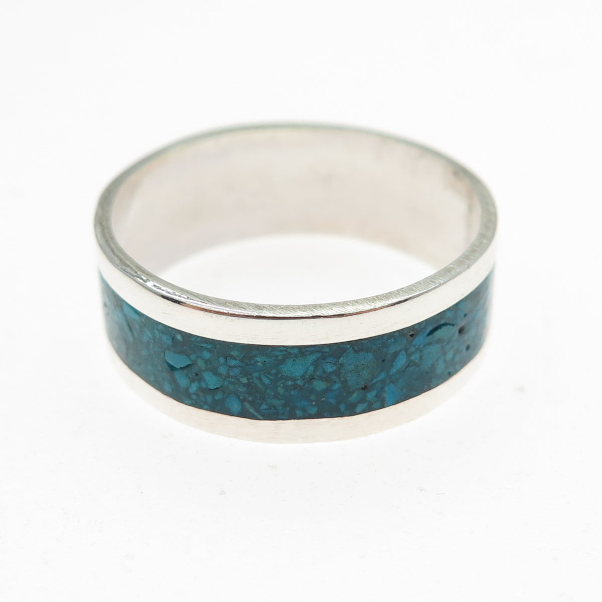 925 Sterling Silver Vintage Mexico Real Turquoise Inlay Band Ring Size 10.25