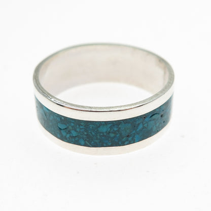 925 Sterling Silver Vintage Mexico Real Turquoise Inlay Band Ring Size 10.25